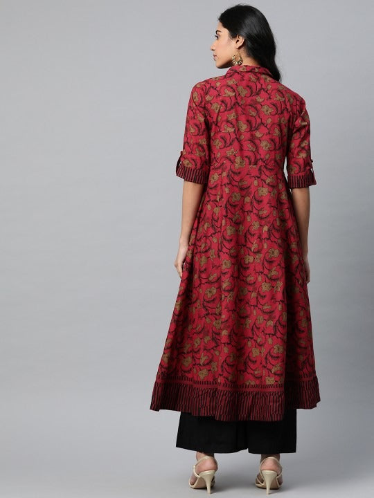 Zerah Women Maroon & Black Ethnic Kurta