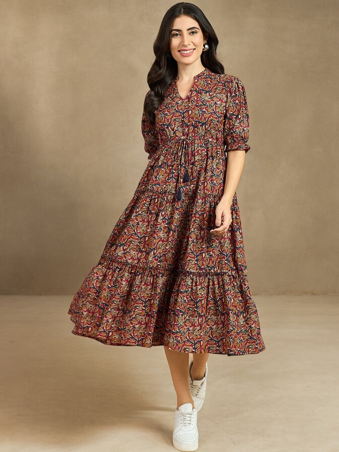 Collar Short Puff Sleeves Cotton A-Line Midi Dress