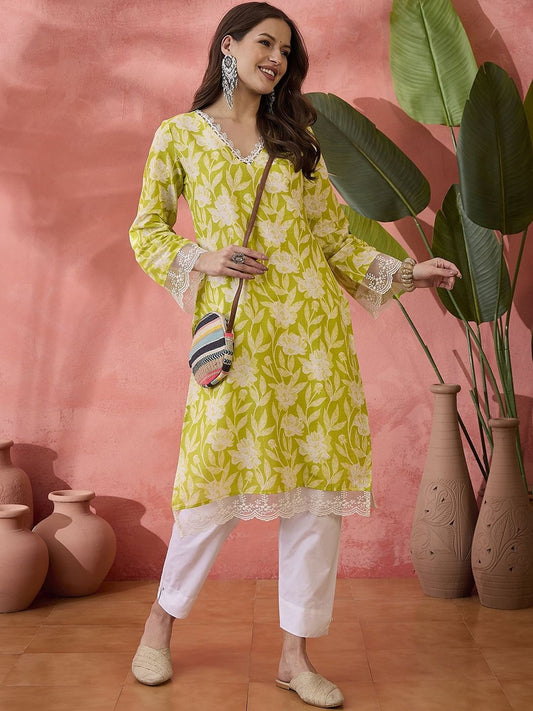 Zerah Floral Printed V-Neck Kurta