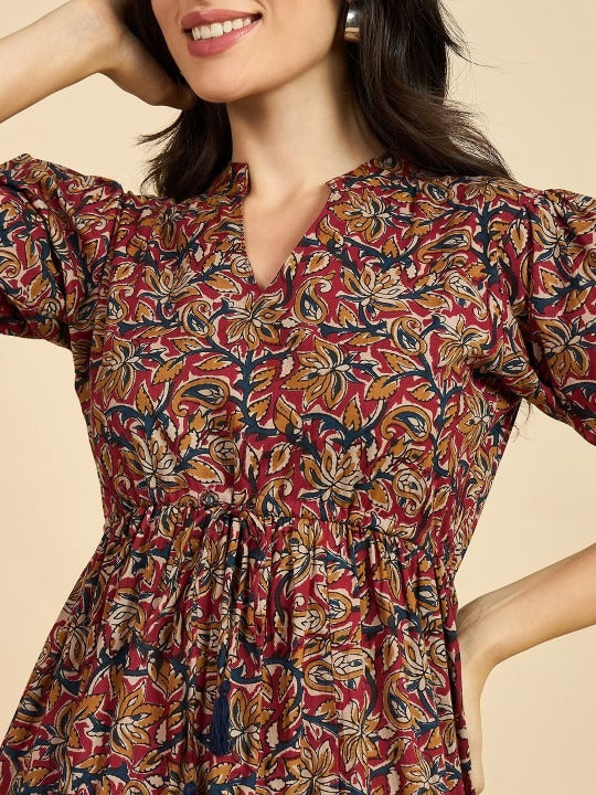 Collar Short Puff Sleeves Cotton A-Line Midi Dress