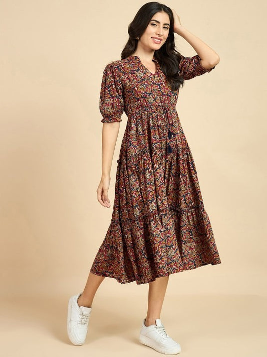 Collar Short Puff Sleeves Cotton A-Line Midi Dress
