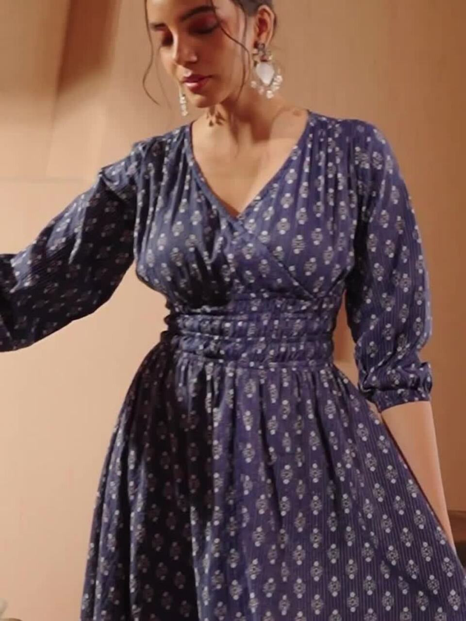 V-Neck Ethnic A-Line Midi Dress