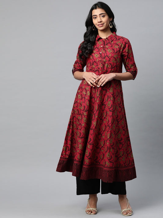 Zerah Women Maroon & Black Ethnic Kurta