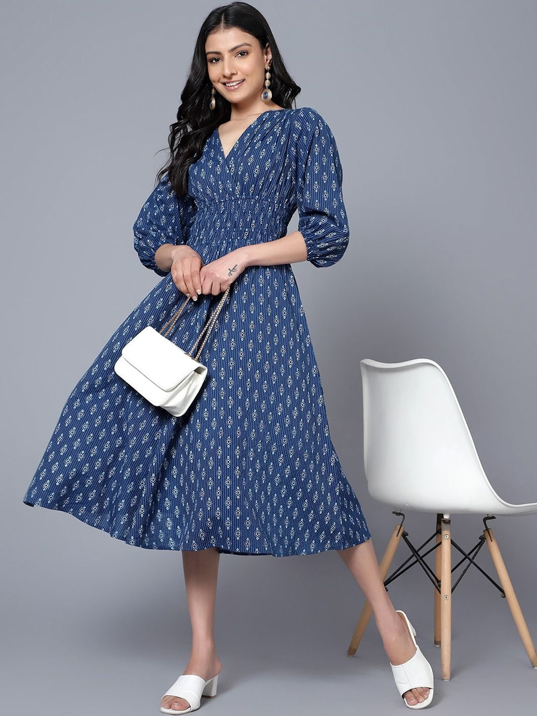 V-Neck Ethnic A-Line Midi Dress